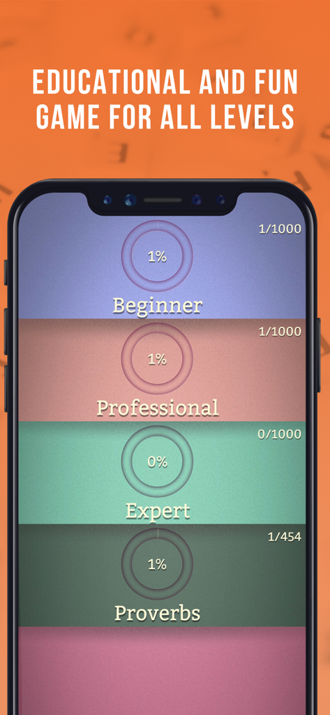 Interface of the Preposition Master app displaying educational game levels including Beginner Professional and Expert