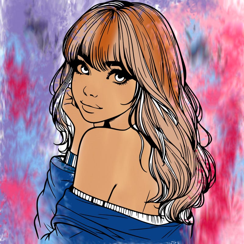 realistic girl with bangs looking over her shoulder