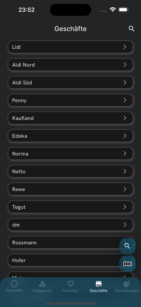 Un elenco di supermercati tedeschi tra cui Lidl, Aldi ed Edeka all'interno della directory dei negozi dell'app HalalCheck.