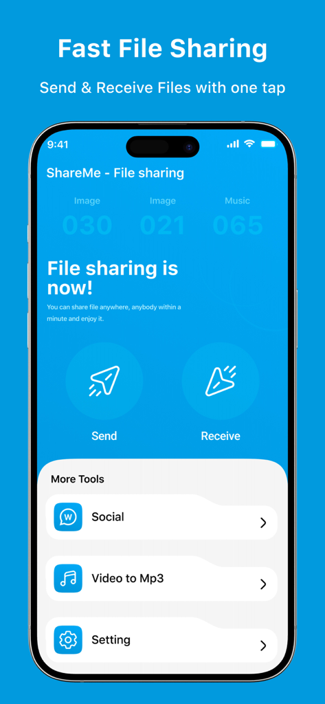 ShareMe app home screen with send and receive file options