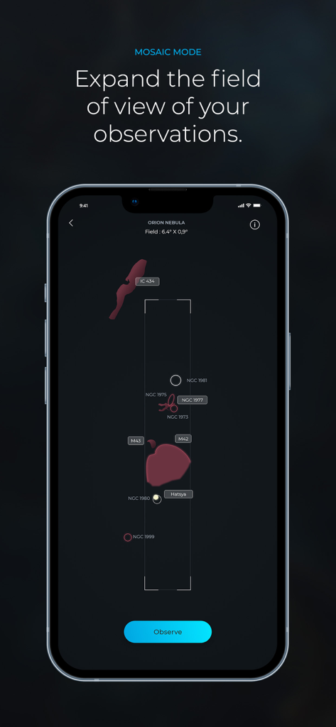 Interface de l'application Singularity montrant la fonctionnalité du mode mosaïque pour élargir le champ de vision lors de l'observation de la nébuleuse d'Orion.
