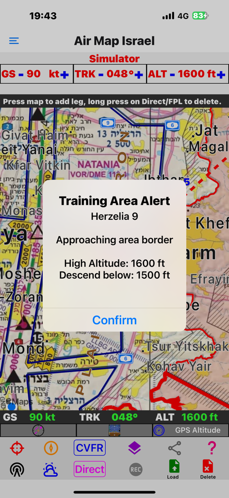 Air Map Israel - Air Map Israel app interface showing a training area alert popup with altitude warning on a flight navigation map.
