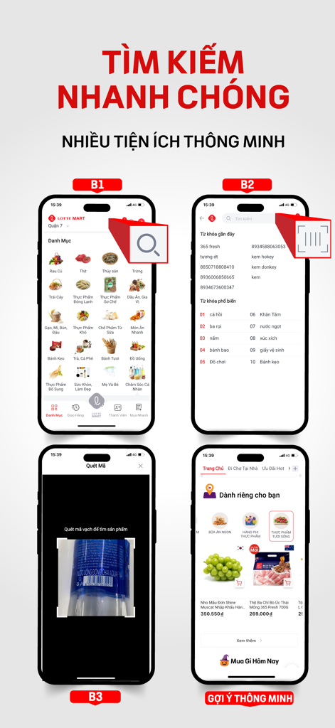 LOTTE Mart Vietnam - LOTTE Mart Vietnam app user interface showing search categories, barcode scanning, and smart grocery recommendations.