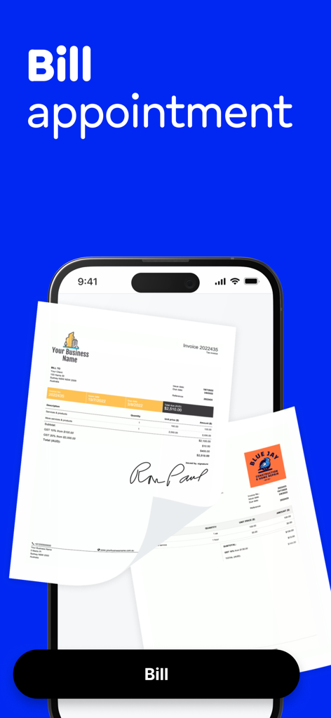 Appointment Scheduler: Billdu - Smartphone displaying professional digital business invoices within the Billdu appointment scheduler app.