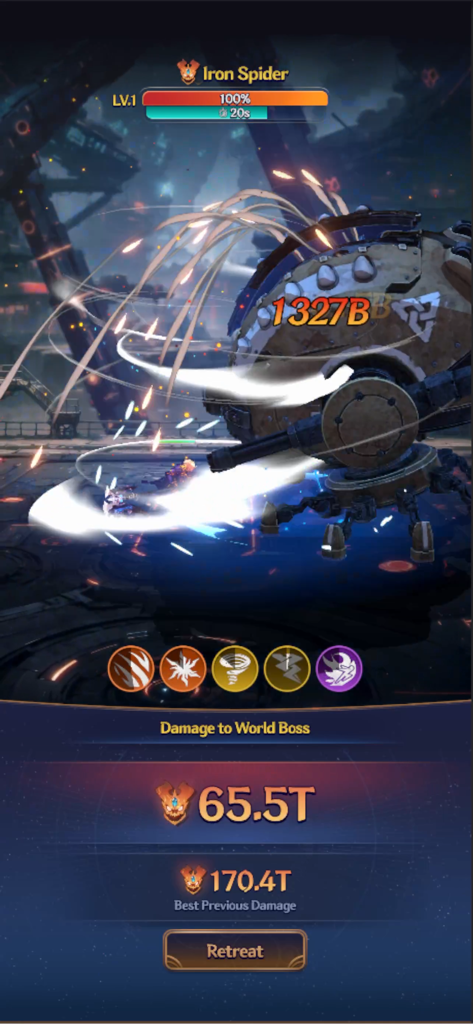 Legend of Avatar - Gameplay di una battaglia contro un boss mondiale contro Iron Spider che mostra enormi numeri di danno e icone di abilità