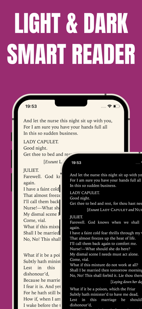 Gutenberg ebook reader app showing light and dark mode display themes for reading