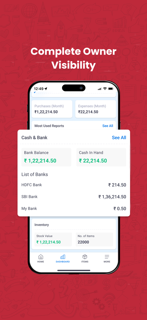 Vyapar app dashboard showing financial summaries including bank balances and expenses for business visibility