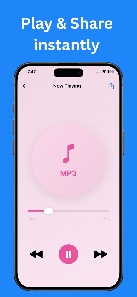 Audio player interface showing playback controls and sharing options for converted MP3 files
