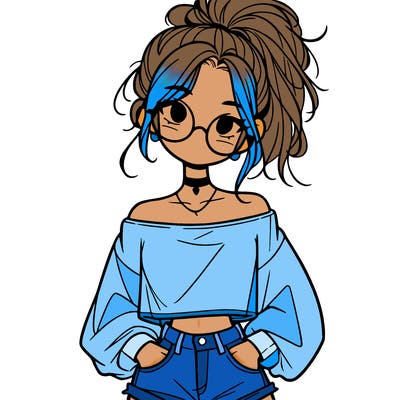 girl with a messy ponytail glasses a baggy crop top and jean shorts