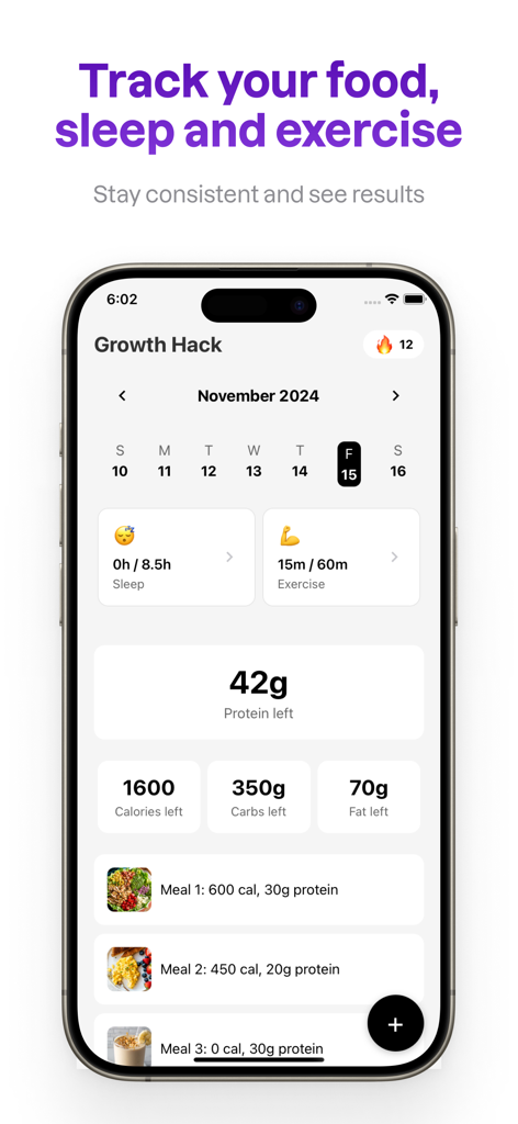Painel do Taller App rastreando metas diárias de nutrição, sono e exercício para otimização de altura.