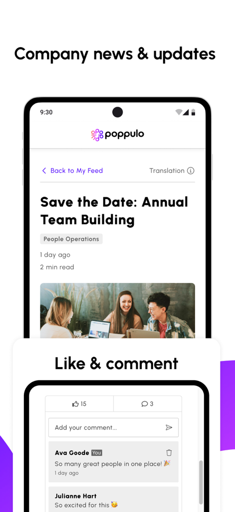 Poppulo - Interface of the Poppulo app showing company news updates and employee engagement through likes and comments