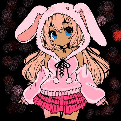 pretty anime girl wearing a fluffy hoodie with bunny ears on the hood and a skirt