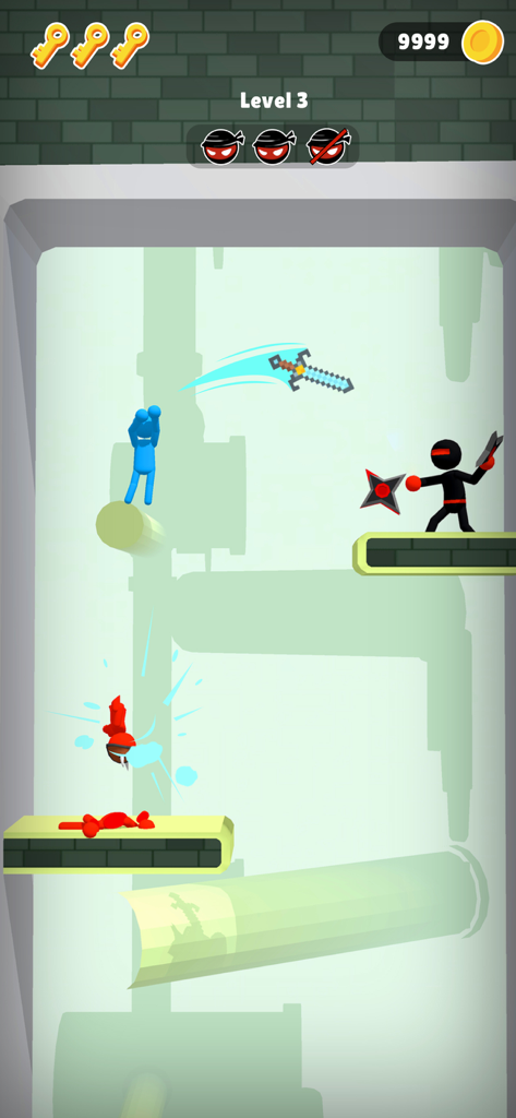 Stick Teleport 3D - A blue stickman ninja throws a kunai to teleport and attack enemies in a 3D level