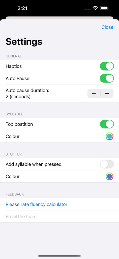 Settings menu of the Fluency Calculator app showing customization options for haptics auto pause and syllable tracking