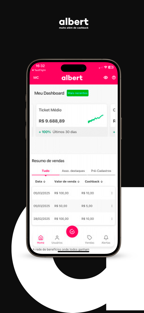 oi, albert para parceiros - The Albert partner app dashboard displaying merchant sales analytics and transaction history on a smartphone