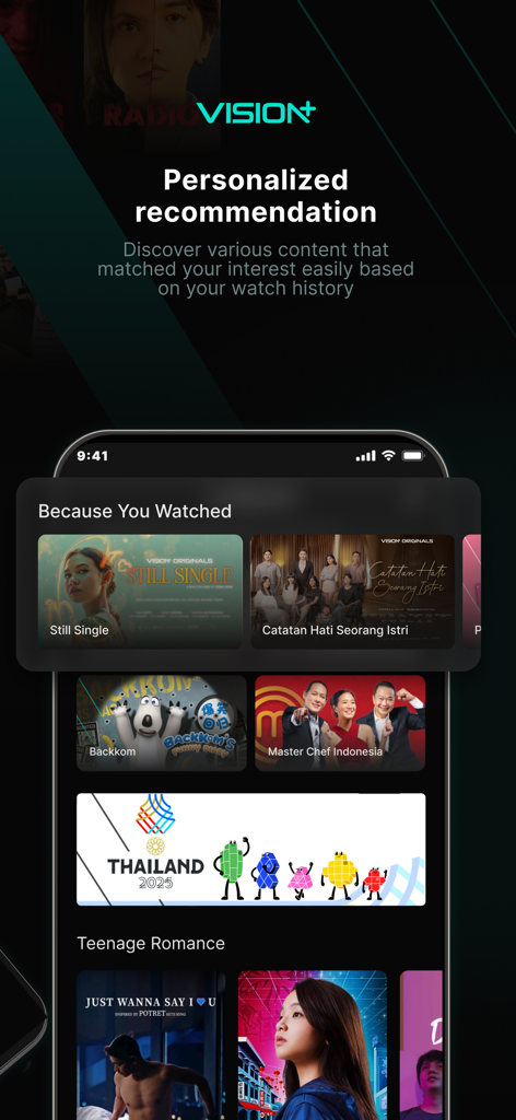 VISION+ - Vision plus app screen with personalized recommendations for Indonesian movies and shows
