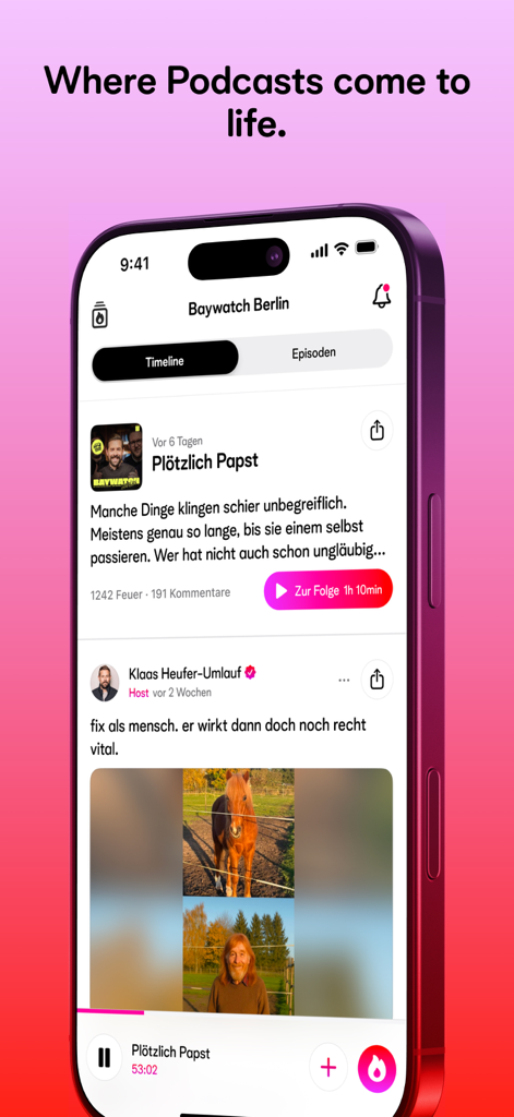 CampfireFM 앱의 인터랙티브 팟캐스트 타임라인 스크린샷으로, 호스트 게시물, 사진 및 참여 기능이 표시됩니다.
