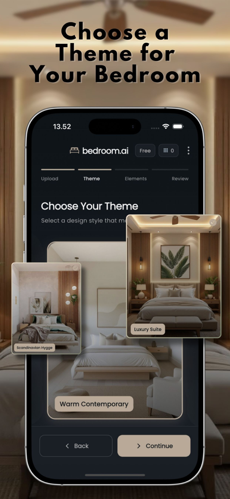Bedroom AI Decor : Room design - Mobile app screen showing various interior design themes for a bedroom
