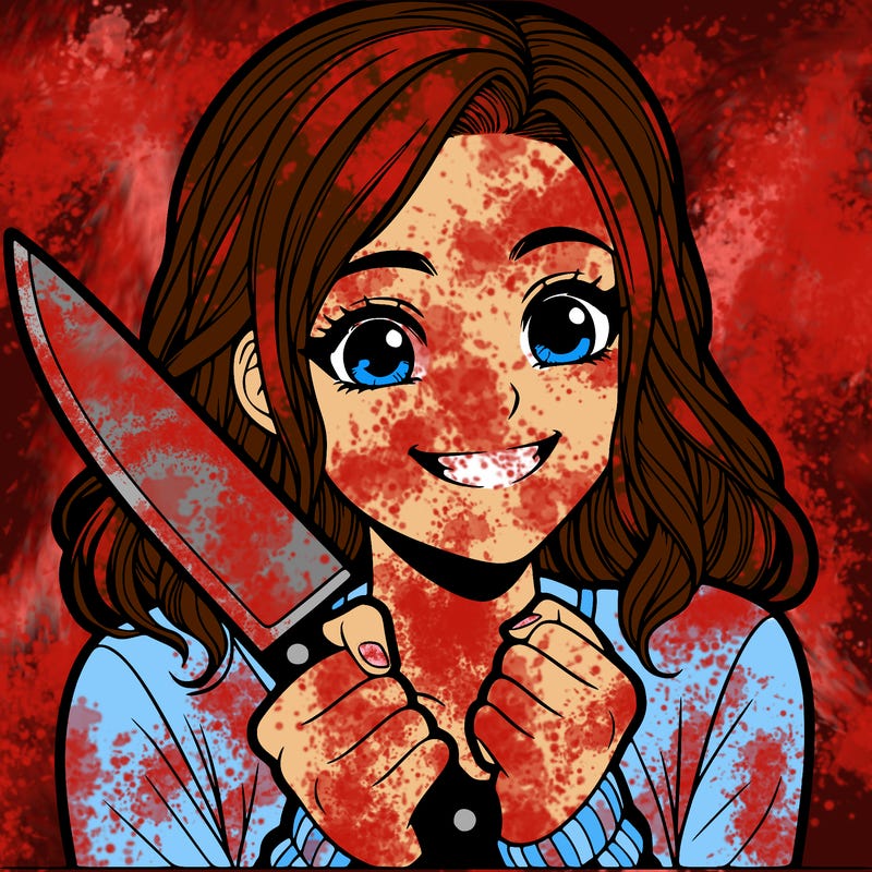 a realistic girl holding a knife and grinning