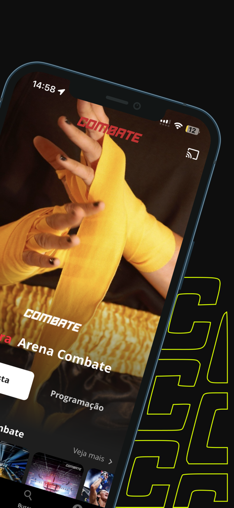 Combate Play - Interface do aplicativo Combate Play em um iPhone com um lutador enrolando as mãos em bandagens amarelas para uma luta