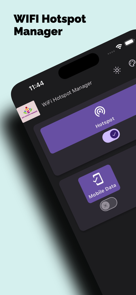 WiFi Hotspot Manager - Interfaz de la aplicación Gestor de Hotspots WiFi que muestra los interruptores de hotspot y datos móviles en modo oscuro