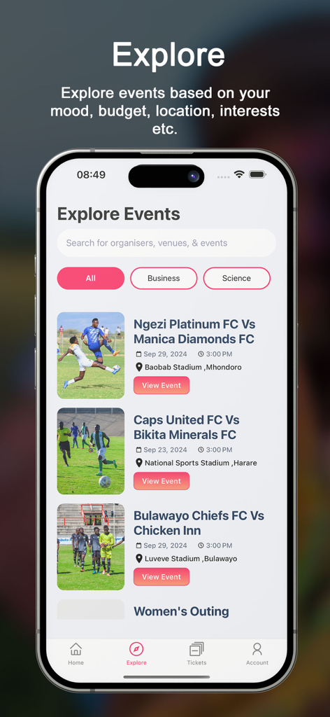 Zim Tickets - The Explore Events screen of the Zim Tickets mobile app showing a list of Zimbabwean football matches with dates and stadium locations.