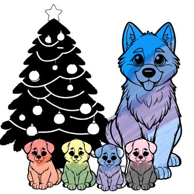 a christmas tree with 1 realistic mom dogand 6 puppies
