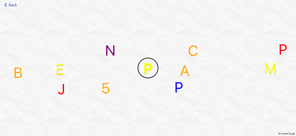 Brain Tool Kit - Brain Tool Kit app screenshot showing a visual attention exercise with colorful letters and numbers on a textured background