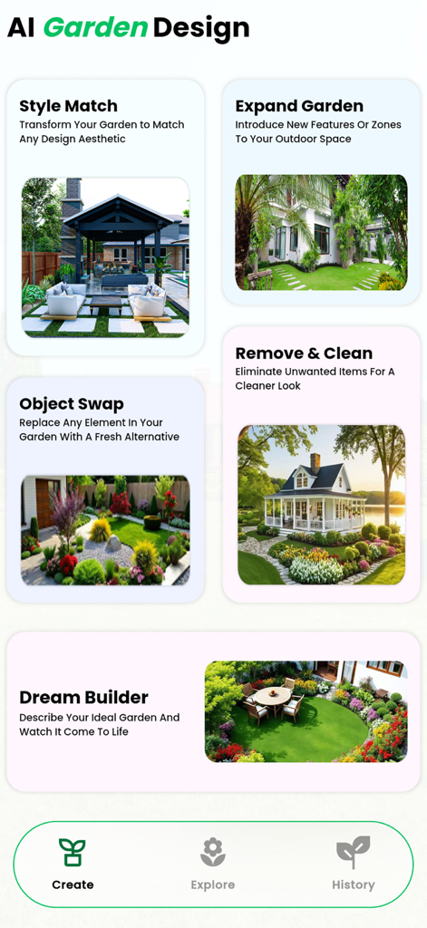 Landscape Design: My AI Garden - AI Garden Design app screen featuring landscape editing tools like Style Match and Dream Builder