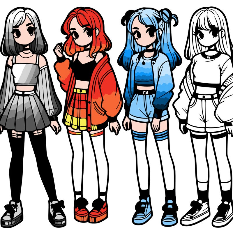 one girl with crop-top shirt and a jacket with a skirt, long socks and another girl with a shirt and pants with a jacket
