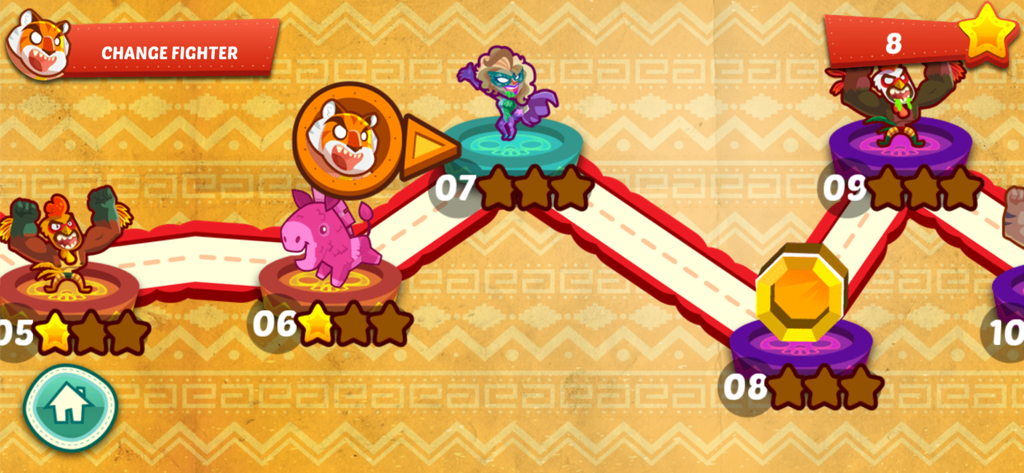 Schermata della mappa di progressione del livello in UFB Lucha Libre con colorati personaggi luchador su piattaforme circolari numerate lungo un percorso rosso.