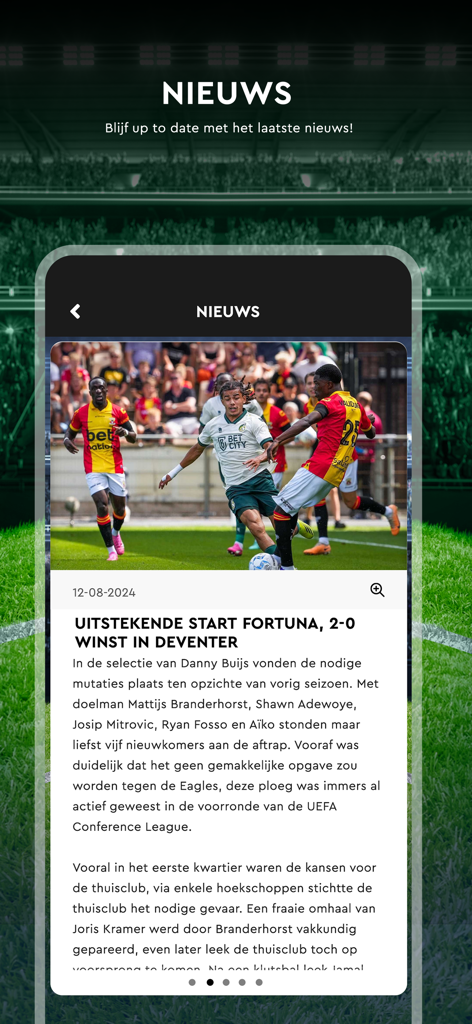 Fortuna Sittard - Sección de noticias de la aplicación oficial del Fortuna Sittard mostrando un artículo de resumen de partido.