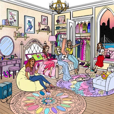 modern day princess in her room in her castle.  there is a lot of detail in her room.  her friends, also modern day princesses are in her room spending time as well.