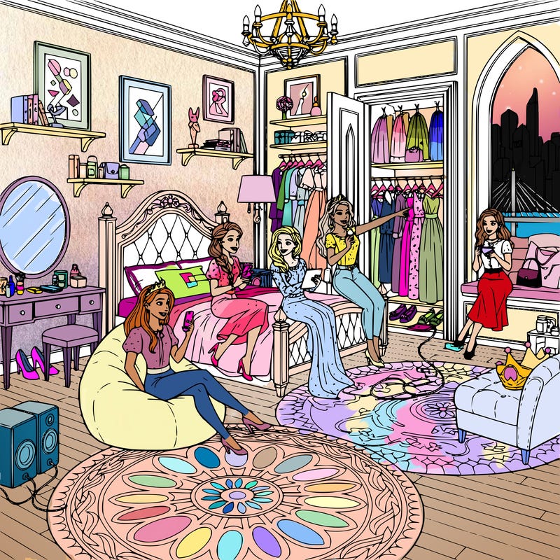 modern day princess in her room in her castle.  there is a lot of detail in her room.  her friends, also modern day princesses are in her room spending time as well.