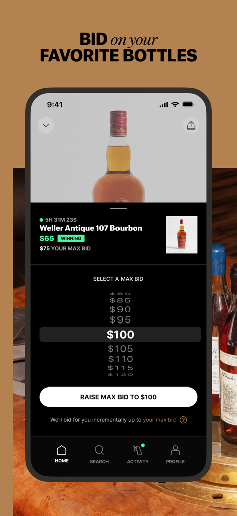 Interfaccia di offerta nell'app Unicorn Auctions che mostra la selezione di un'offerta massima per una bottiglia di Weller Antique 107 Bourbon.