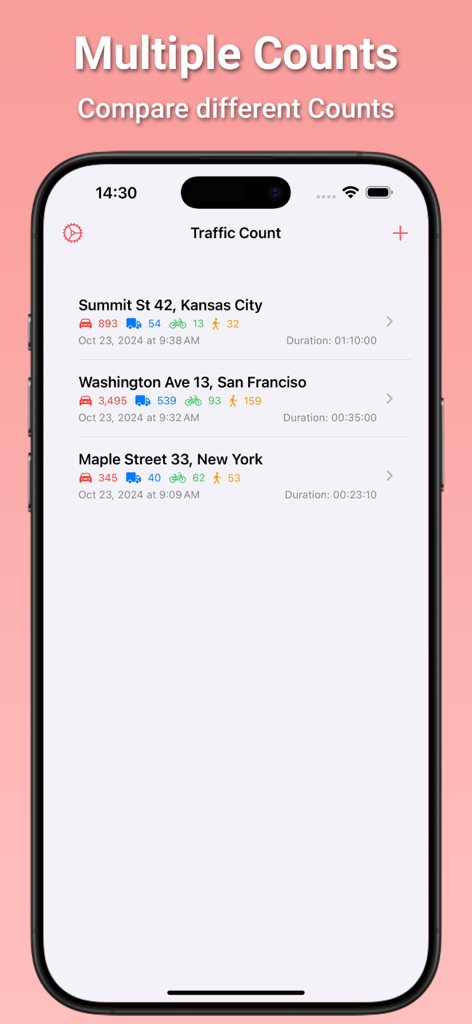 Traffic Count app interface showing multiple saved traffic studies for different cities