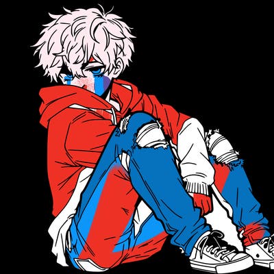 a male hoddie ripped jeans messy hair anime