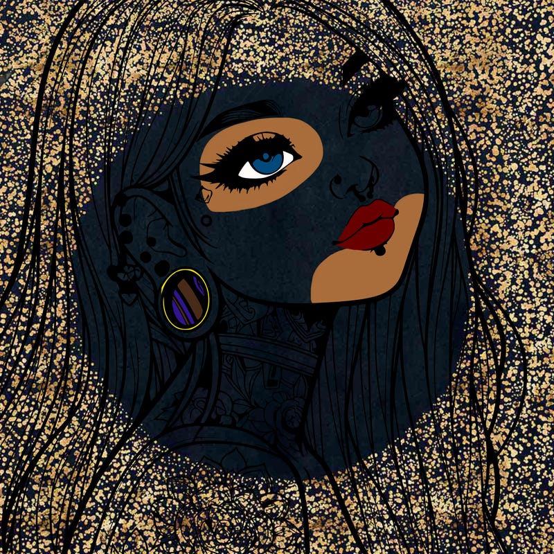 realistic girl with long hair ear piercings and tattoos