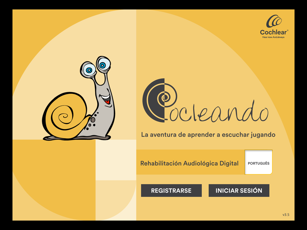 Pantalla de inicio de la aplicación Cocleando que muestra una mascota de caracol de dibujos animados y opciones para la rehabilitación audiológica digital en español.