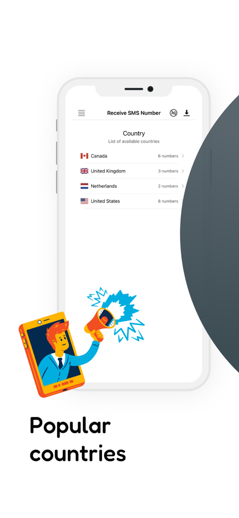 Mobile app interface displaying a list of available virtual phone numbers for Canada United Kingdom Netherlands and United States