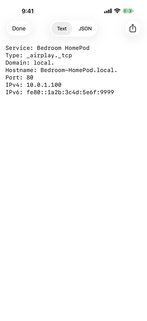 Herald Bonjour Network Browser - Vista de texto de los detalles del servicio Bonjour para un dispositivo HomePod que muestra el nombre de host y las direcciones IP.