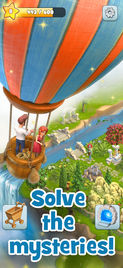 Sophia and Jack flying in a hot air balloon over a mythical Greek island landscape.