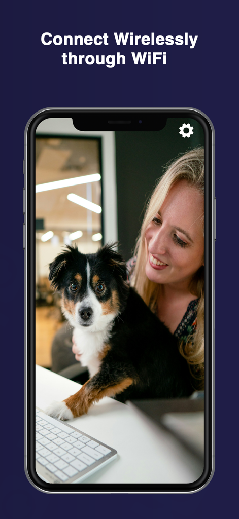 PhoneCam - Local Wifi Camera - A woman holding a dog on a smartphone screen showing wireless connection for PhoneCam.