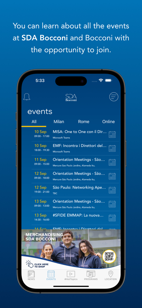 SDA Bocconi app screen displaying a list of upcoming campus and online events