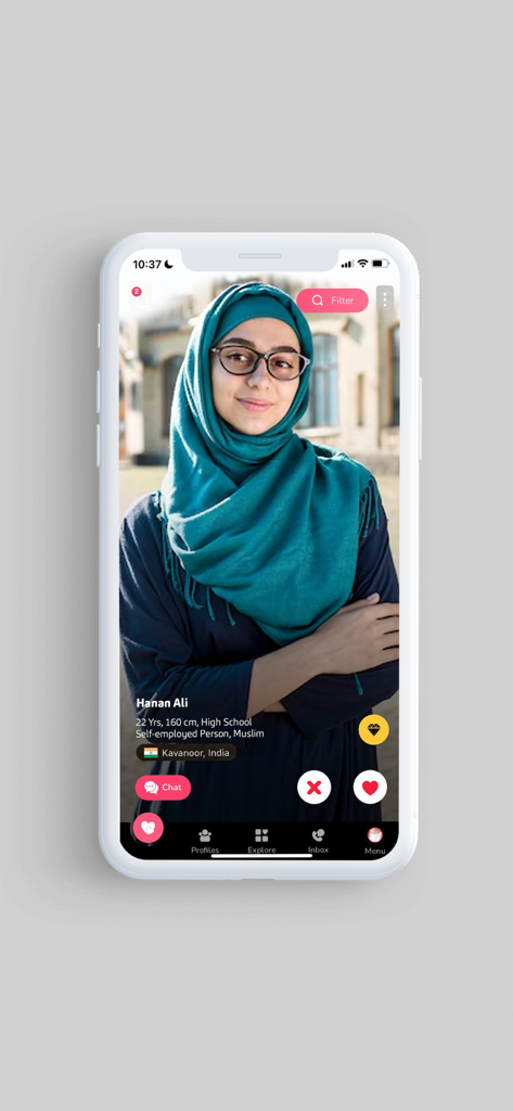 FreeNikah - Muslim Matrimony - Smartphone displaying a user profile on the FreeNikah Muslim matrimony app with options to chat or like