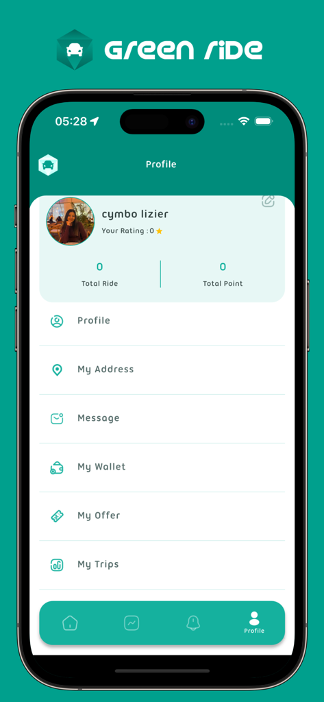 Green Ride – Taxi & Delivery - Interface du profil utilisateur de l'application Green Ride montrant les détails du compte et le menu de navigation