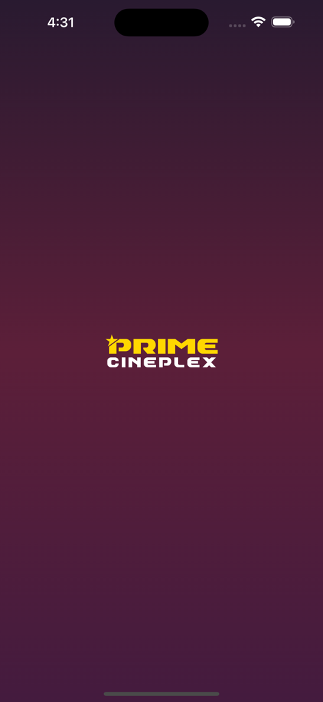 Prime Cineplex mobile app splash screen featuring the yellow and white logo on a dark purple background