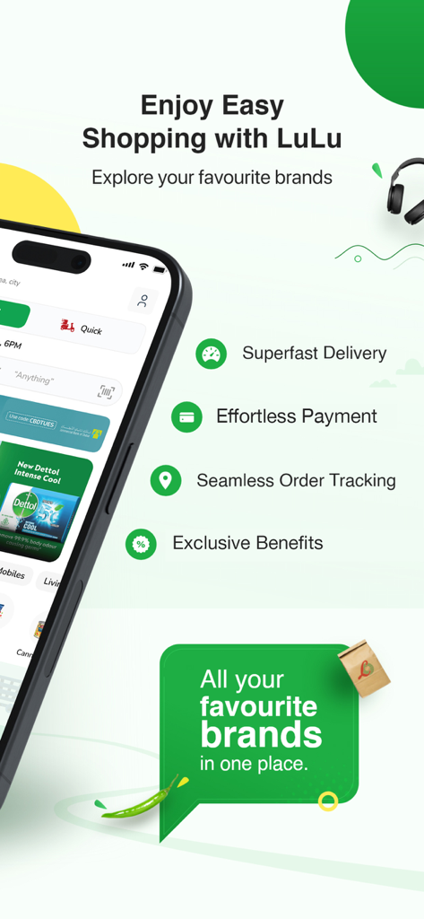 LuLu Online app interface showing features like fast delivery and effortless payment