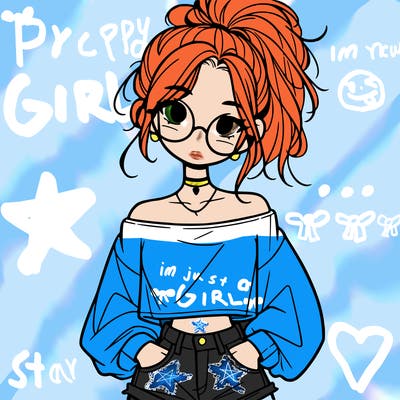 girl with a messy ponytail glasses a baggy crop top and jean shorts