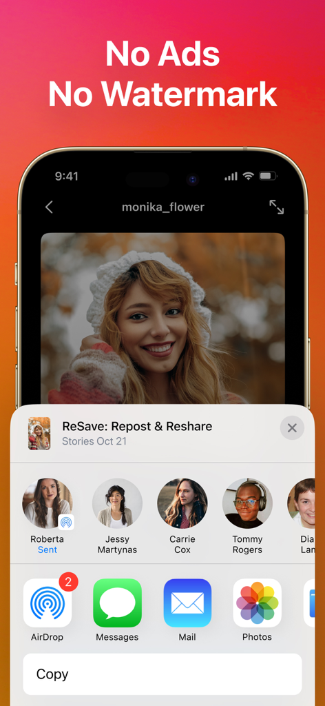 Mobile interface of InSaver app showing sharing options for Instagram content without watermarks